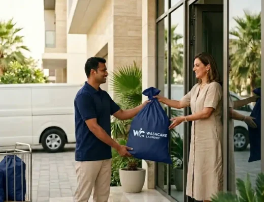 Laundry worker collecting bag villa